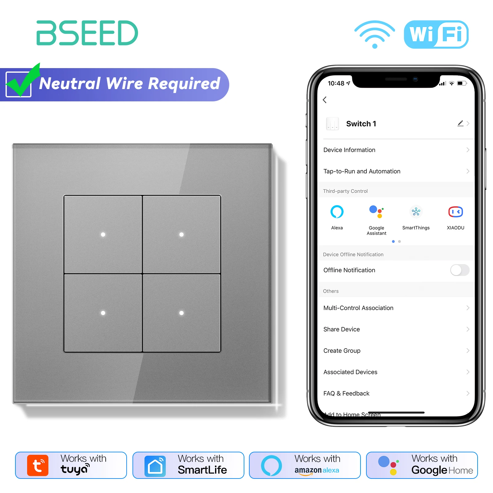 BSEED Tuya Smart WIFI Switch 1/2/3/4Gang 2-позиционный кнопочный выключатель света Life Control
