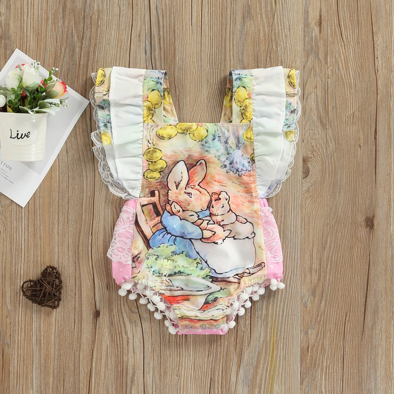 

Newborn Baby Rabbit Romper Print Lace Fly Sleeves U Neck Bottom Furball Embellished Cute Jumpsuit for 0-24Months