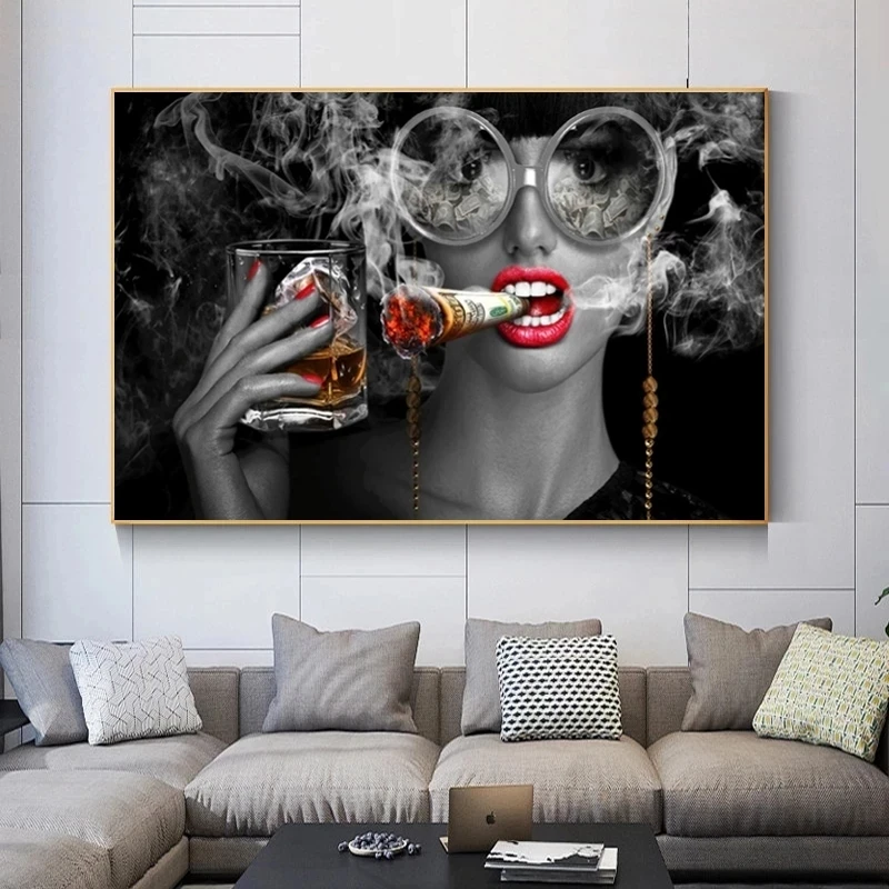 Красные губы курительная женщина настенный плакат часы картина горение долларов