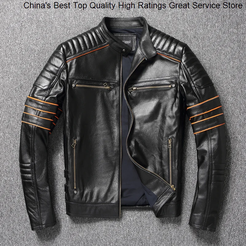 

Мужская летная куртка из натуральной воловьей кожи, Классическая мотоциклетная куртка из натуральной кожи с вышивкой, модное кожаное пальто с воротником-стойкой