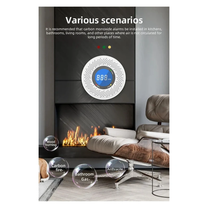Carbon Monoxide Standalone CO Alarm With Screen Display Battery Powered For Home Kitchen Office
