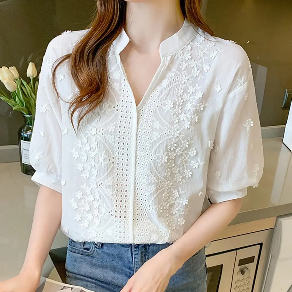 

Blouse Women Puff Half Sleeve V Neck Flower Jacquard Decor Women Shirt Casual Lace Hollow Out Elegant Shirt Tops Women 2022