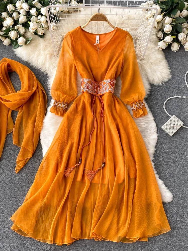 

Women Vintage Long Dress Spring Autumn V-neck Slim Chiffon Beach Dresses Ladies Elegant High Waisted Solid Long Robe Vestidos