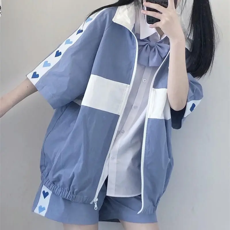 

Summer love printing suit Japanese jk short-sleeved sunscreen shirt + sports shorts cute girl Korean loose campus two-piece sets