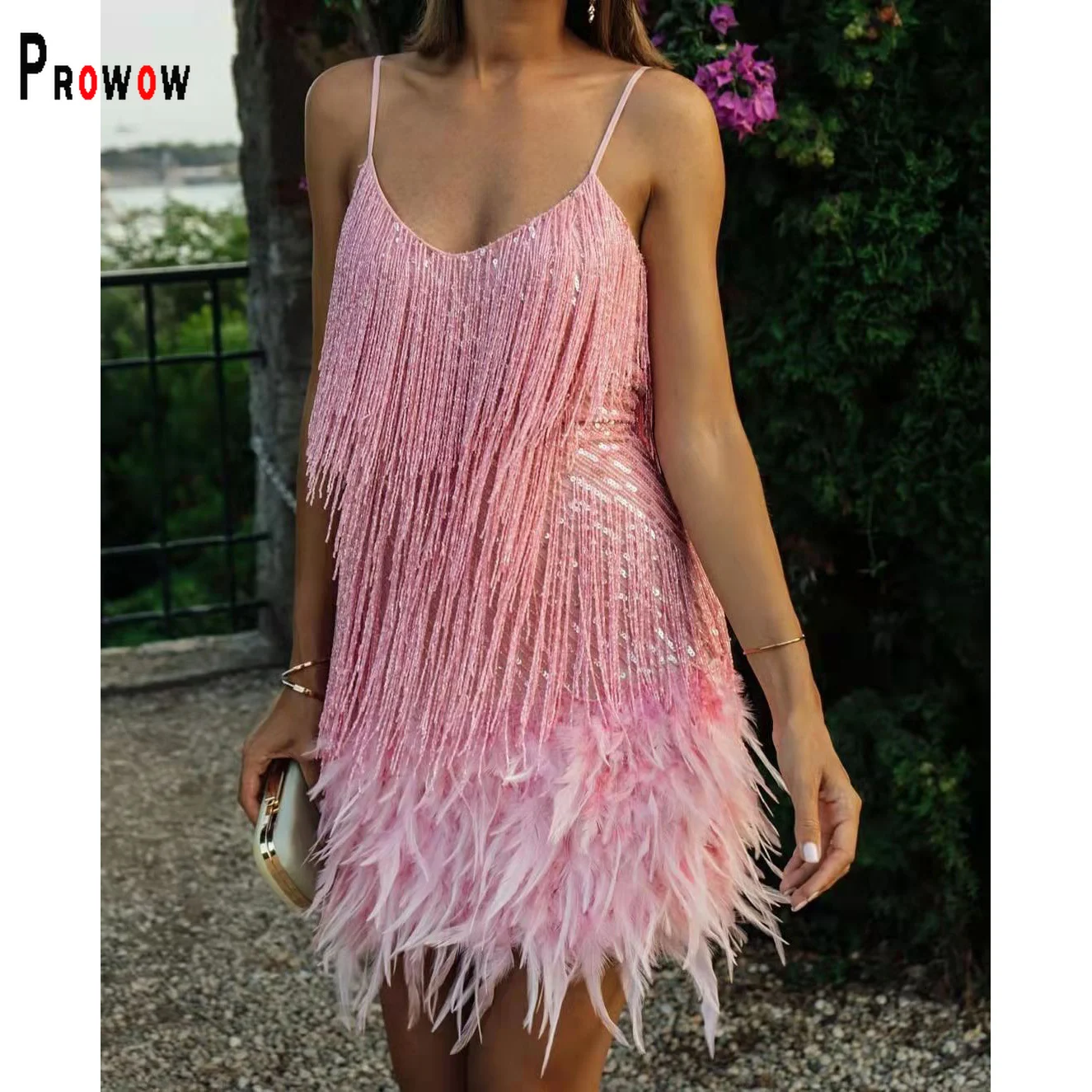 

Prowow Sexy Women Mini Dress Feather Tassel Sequined Splicing Party Nightclub Wear 2022 New Fashion Summer Female Clothing