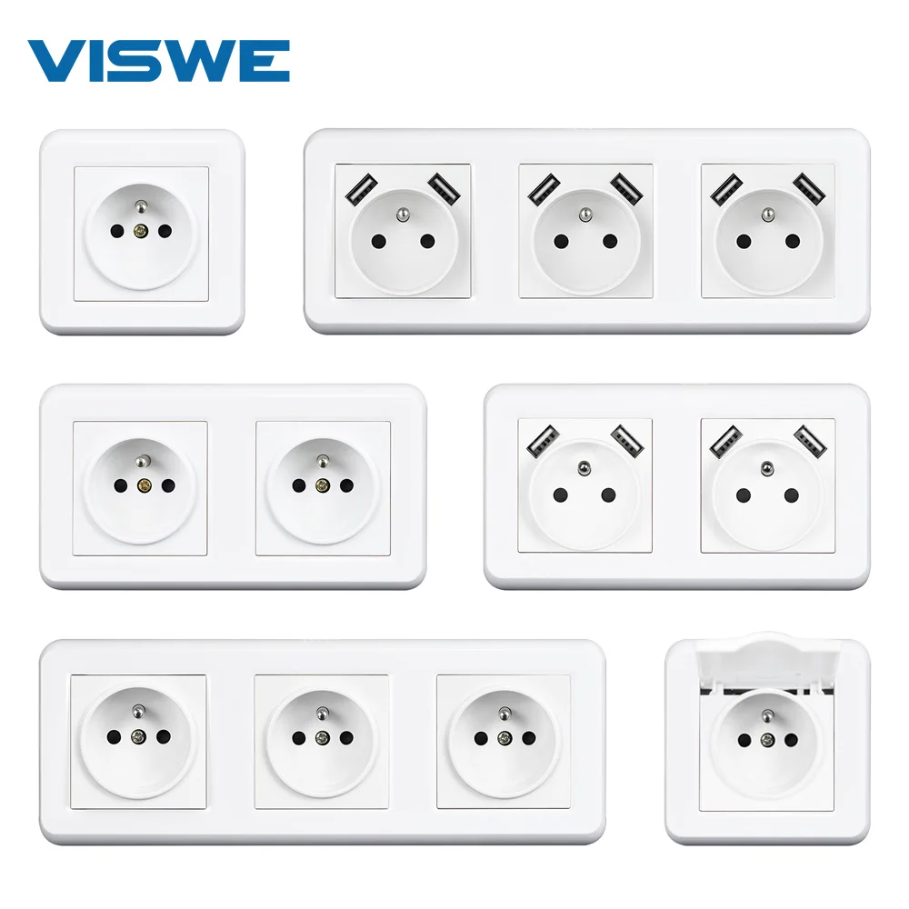 

VISWE French Wall Sockets Usb plug With Iron Claw PC Flame Retardant Panel 82*82mm 110-250V Wall Electrical Outlets16A