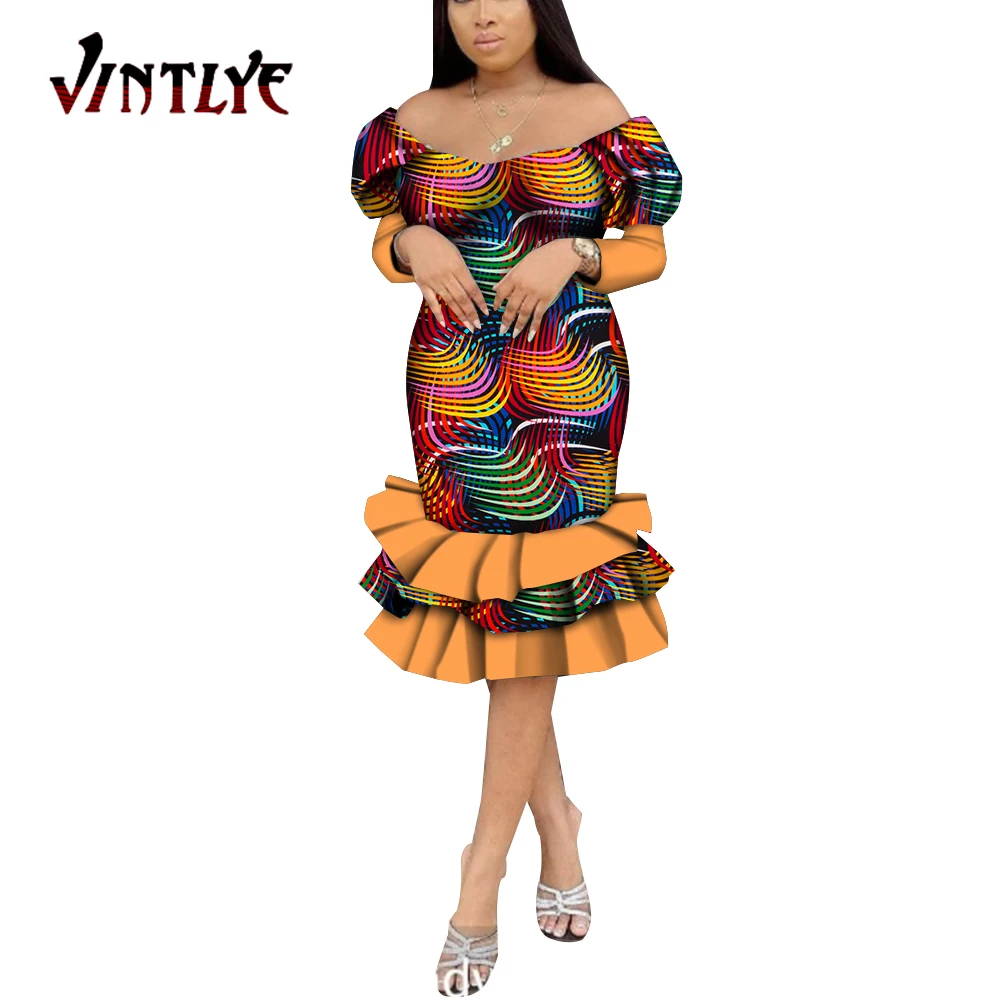 Fashion African Print Dresses Boat Neck Elegant Dashiki Women Dresses Puff Sleeve Pleated Skirt Dress Lady African Attire WY9066