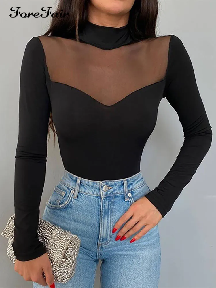 

Forefair 2022 осенний сетчатый лоскутный пикантный боди с длинным рукавом облегающий черный женский наряд клубный топ с высокой талией для вечер...