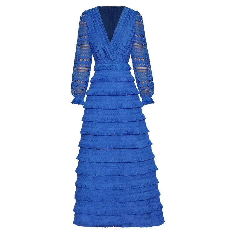 Autumn Designer Runway Women Sexy Blue V Neck Lantern Sleeve Hollow Out Tassel Vacation Elegant Dresses