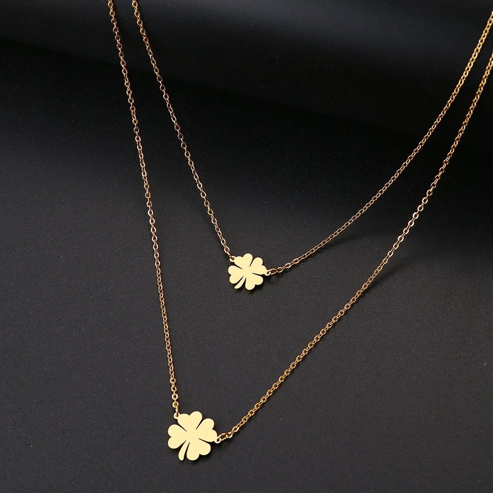 

Double Lucky Clover Cross Necklace Stainless Steel Gold Color Jewelry Gift