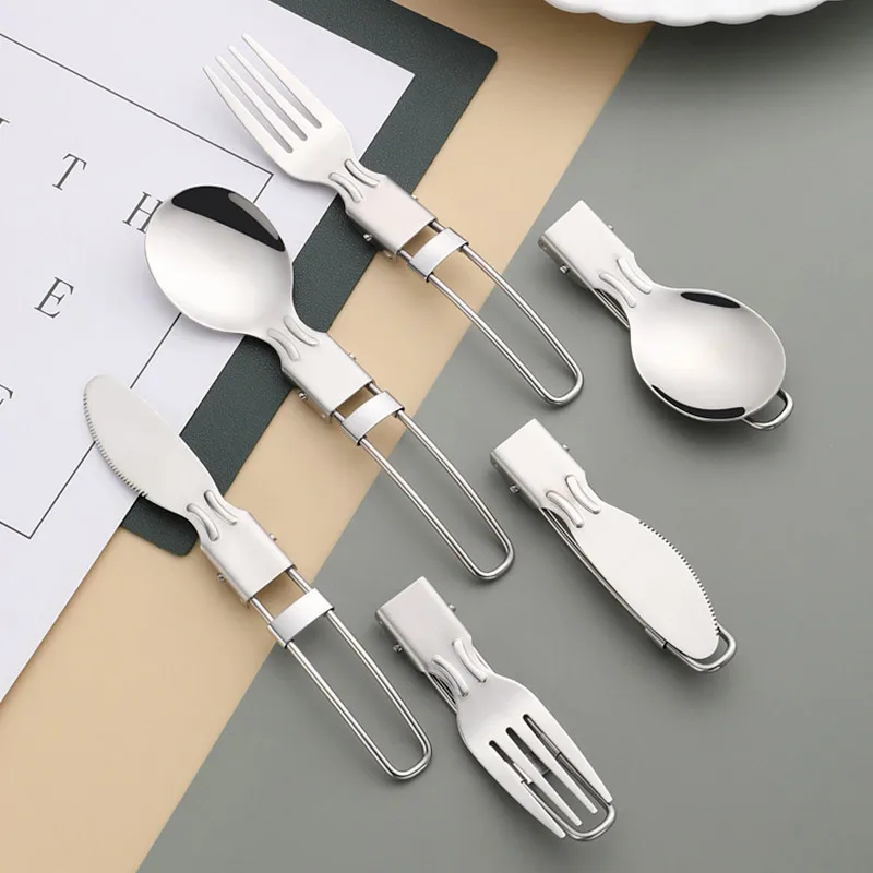 

Portable Outdoor Camping Travel Picnic Foldable Flatware Stainless Steel Cutlery Spoon Fork Knife Utensil Tableware Tools Access