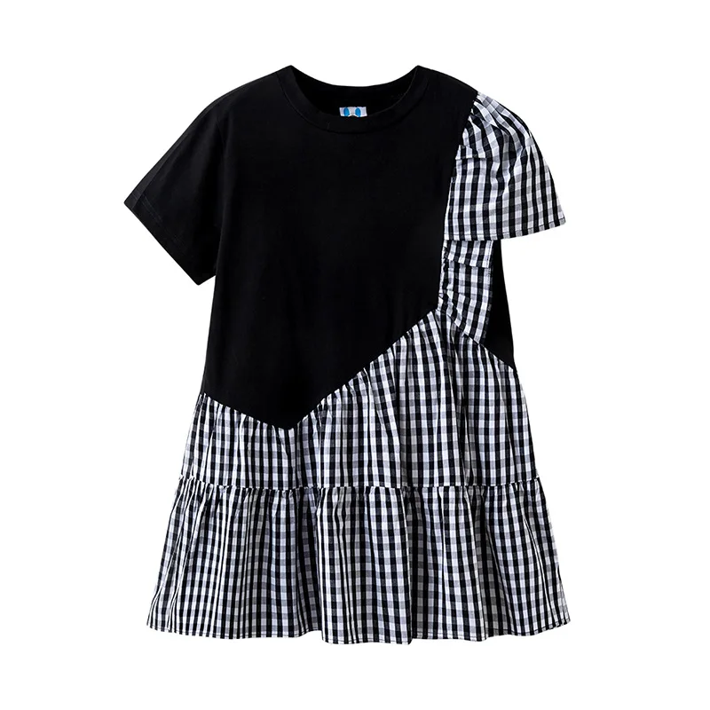 

4 To 14Y, Girls Dress Patchwork Plaid Children Casual Dresses 2022 New Summer Kids Clothes Cotton Ruffles Ruched,# 6044