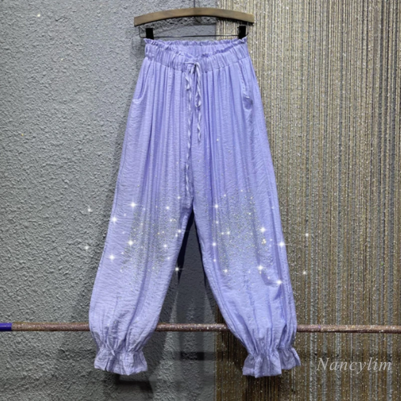 

Rhinestone Trousers Casual Pants for Women 2022 Summer New Elastic High Waist Thin Material Ruffled Ankle-Length Female Clothes