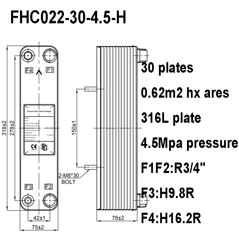 

Пластинчатый теплообменник FHC022-30-4.5-H из нержавеющей стали 316L