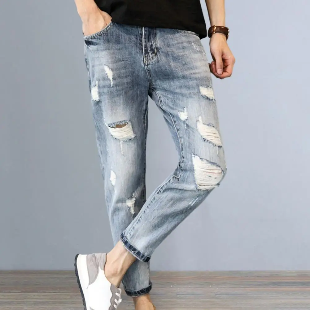 

Men Jeans Gradient Color Men's Jeans with Ribbed Holes Slim Fit Multi Pockets Ankle Length Colorfast Firm Stitching Men Long