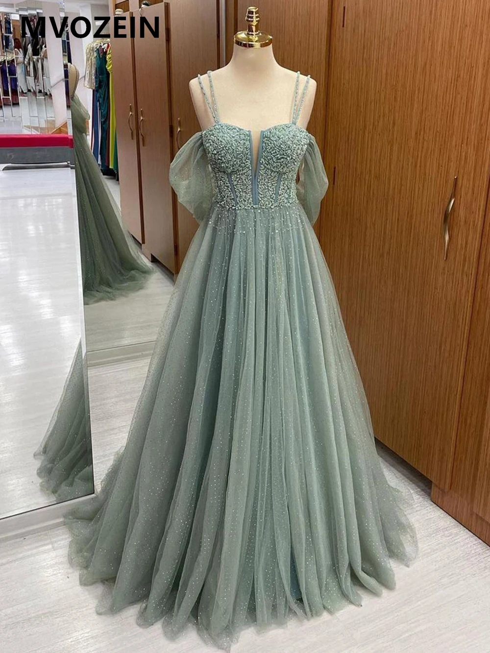 

MVOZEIN Тюлевое мятно-зеленое вечернее платье на бретелях-спагетти до пола с V-образным вырезом длинное свадебное платье вечерние платья
