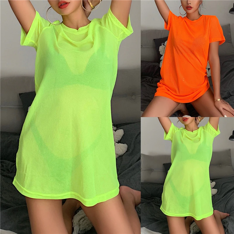 

Sexy Women Sheer Mesh Bikini Cover Up Swimwear Swimsuit Bathing Suit See Through Short Sleeve T-shirt Tops Summer Beach Dress