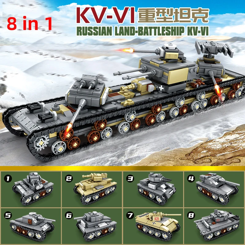 8 In 1 Military Panzer Tank Russian Land Battleship KV-VI Model Building Block WW2 T38 Army Vehicle Construction Toys Gifts |