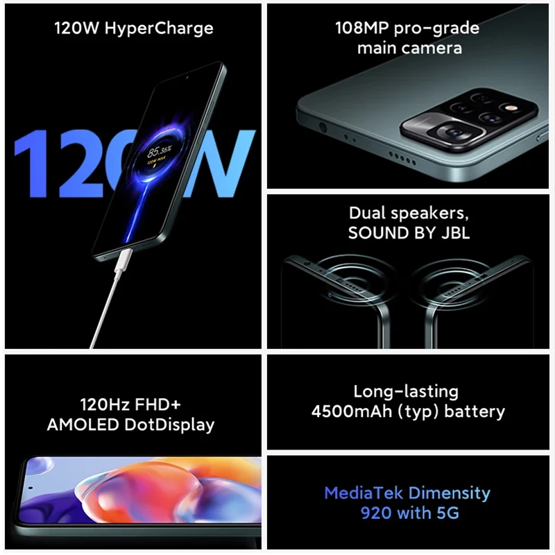 Tanie Wersja Globalna Xiaomi Redmi Note 11 Pro + 5G Plus Smartphone Dimensity 920 128GB/256GB 120W HyperCharge 108MP 120Hz Dźwięk JBL