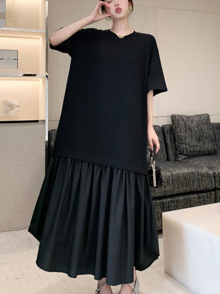 Фото Новое летнее корейское женское платье Vestidos Robe Elbise, свободные однотонные лоскутные длинные платья больших размеров с короткими рукавами и разрезом №2