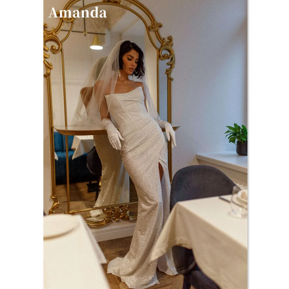 

Amanda Shiny Mermaid Prom Dress Sexy Strapless Evening Dress Glitter Side Split فستان سهرة вечернее платье люкс 2023 With Glove