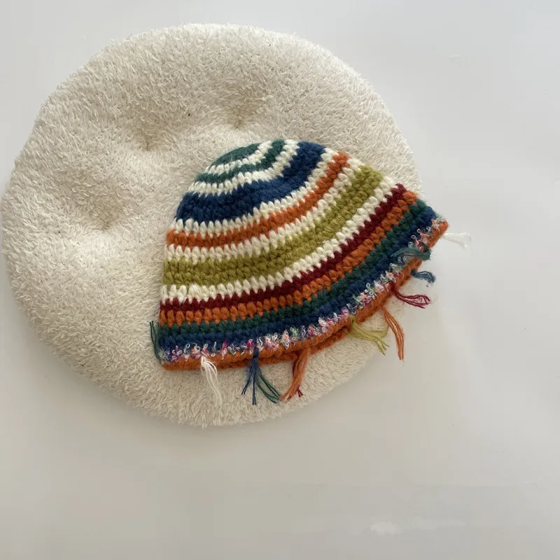 

Korean version retro tassel rainbow children knitting fisherman hat Autumn/Winter 2023 parent-child Bucket hat hat basin hat