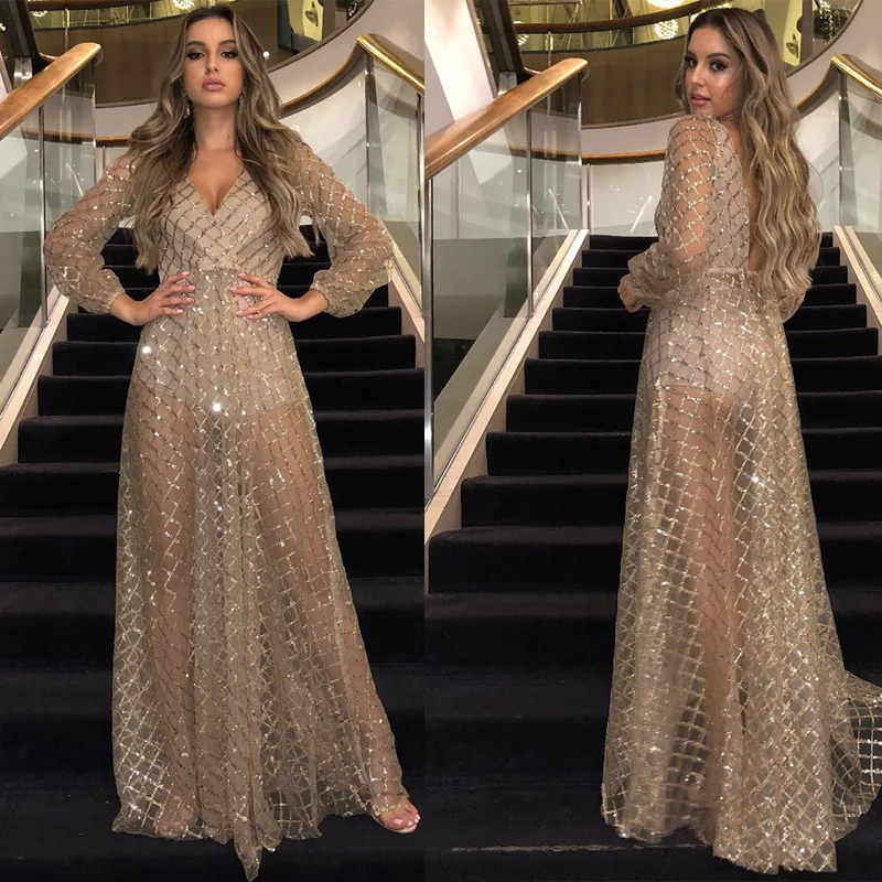 

2022 Sexy Mesh Christmas Party Women Tulle Gold Sequin Maxi Dress Summer Long Party Dress Long Sleeve