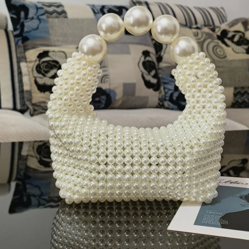 

Women's Pearl Bag Design Large Pearl Handle Handbag Handwoven Beaded Bag Ladies Evening Bag Party Wedding Clutch Hobo Bag 2023