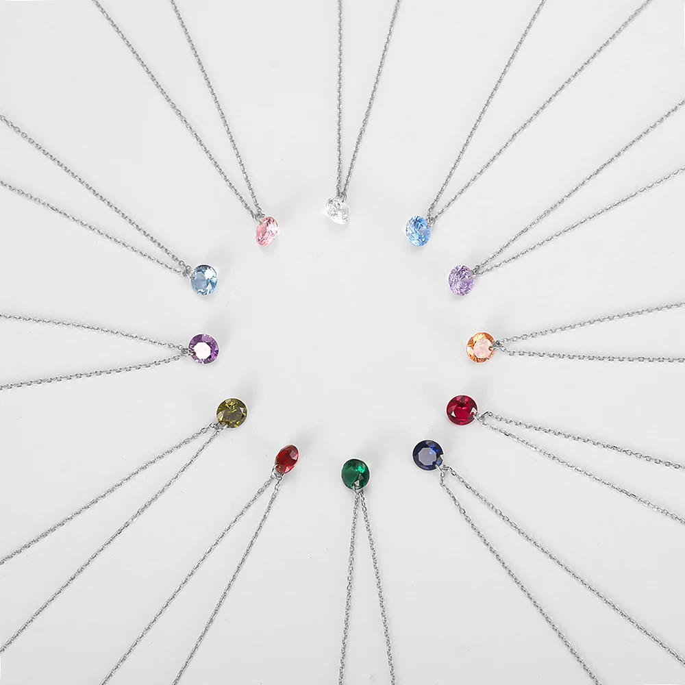 

925 Sterling Silver Round 12 Colors Rainbow Necklace for Women Friend Birthstone Zircon Female Round Pendant Necklace Gift 2023