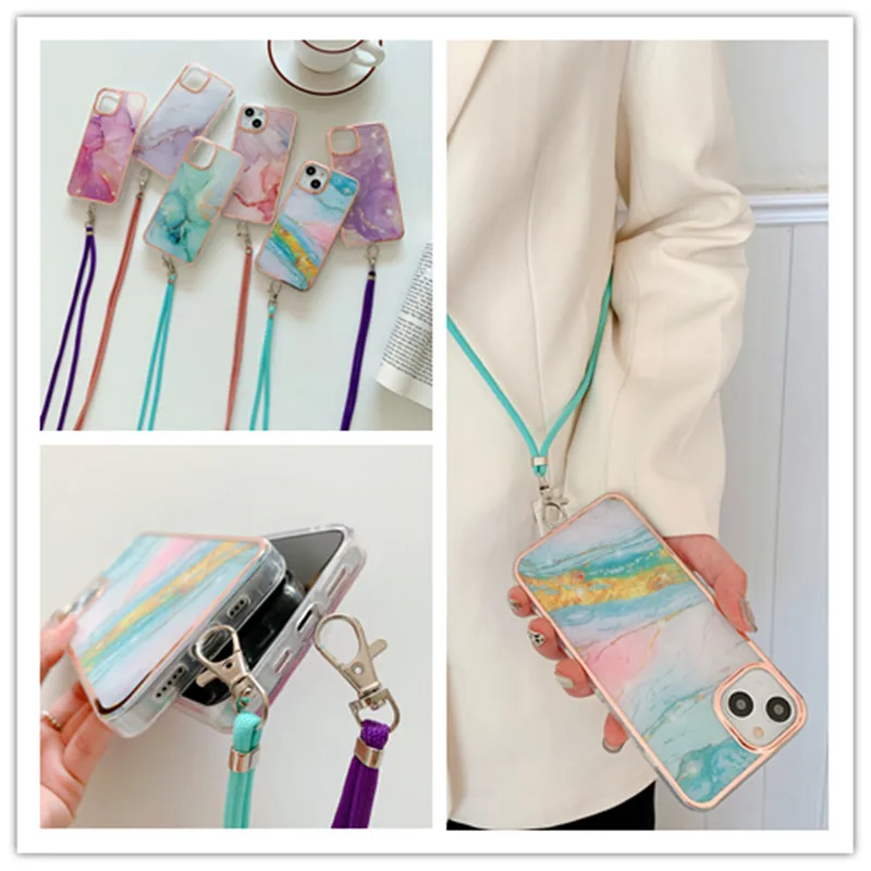 

Fashion Marbling Long Lanyard Anti-fall Protective Soft Shell Phone Cases Back Cover Coque Capa for IPhone 13 Mini 12 11 Pro Max