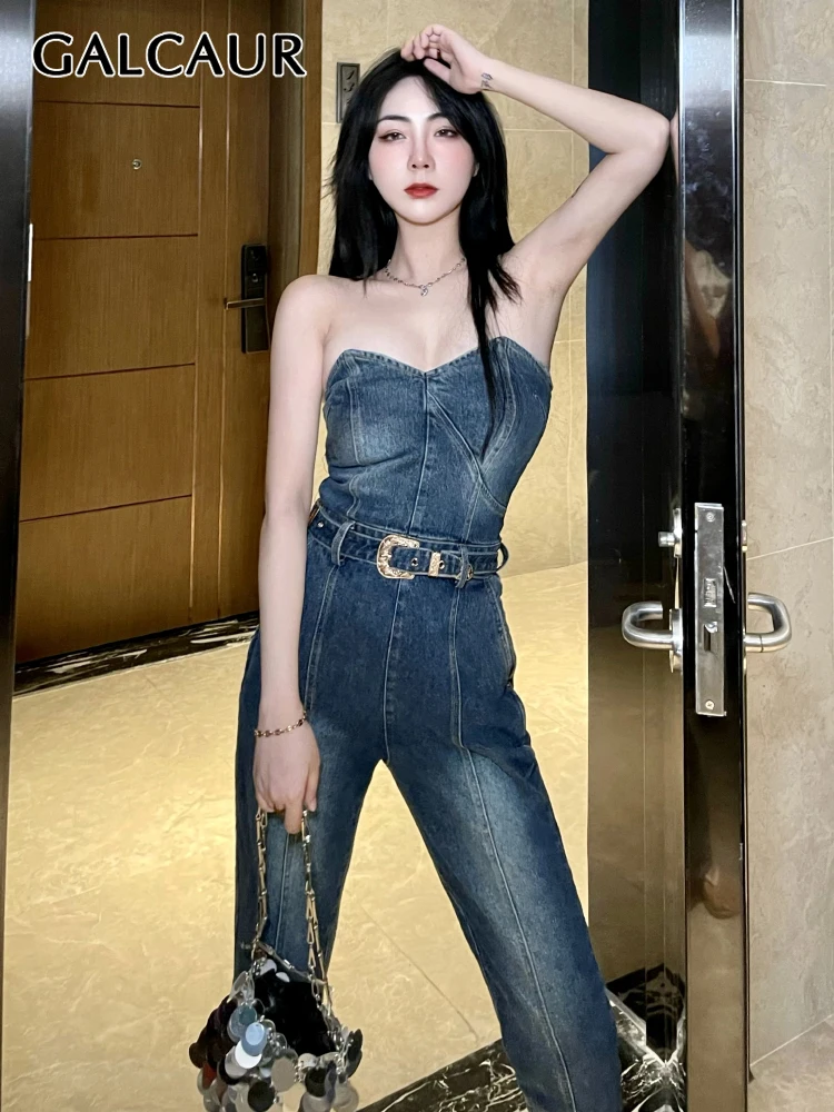 

GALCAUR Plain Denim Jumpsuit For Female Bandeau Top Sashes Straight Long Pants Women 2022 Summer Korean Fashion Clothing Style