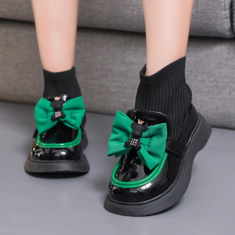

Black Pearl Socks Boots Bow Plus Three-dimensional Bear 2022 Round Head PU Sweet Princess Kids Fashion Casual Shoes Spring New
