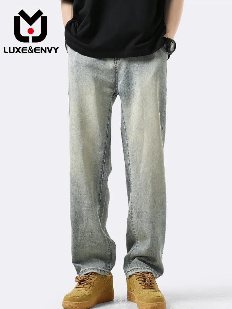 

Винтажные мужские джинсы люкс & ENVY, потертые ультратонкие брюки из вискозы с широкими штанинами, свободные прямые брюки в стиле High Street, Новинка лета 2023