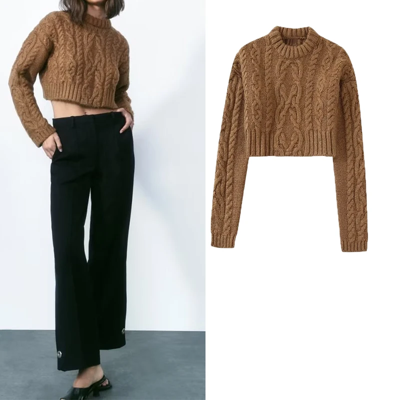 

Autumn Winter 2022 New Women's 8-Strand Knitted Round Neck Pullover Long Sleeve Short Sweater Women