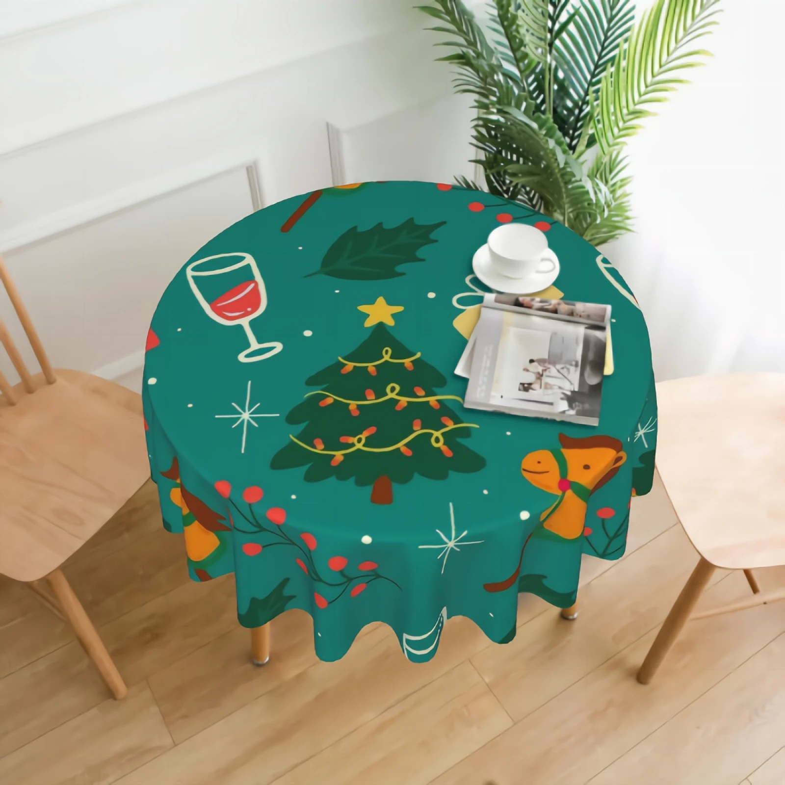 

Christmas Pattern Table Cloth Polyester Round Table Cover for Kitchen Dinning Waterproof Wrinkle Free Table Cloths ( 60in Round)