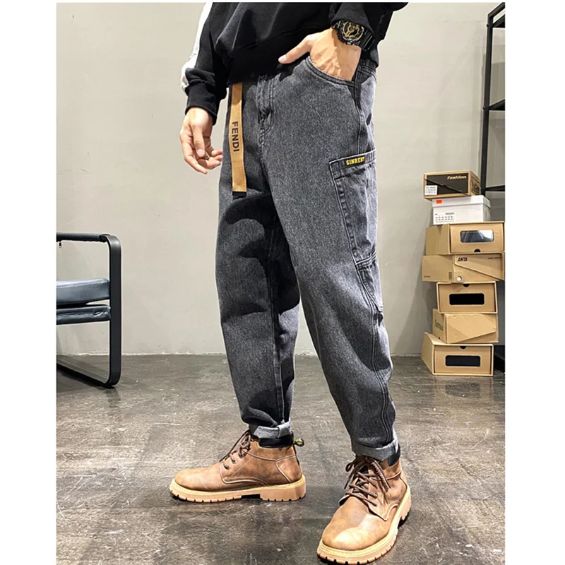 Men Clothing New Pattern Recreational Vintage Broad Leg Black Grey Jeans Straight Cylinder Large Loose Cargo Pants Autumn Female