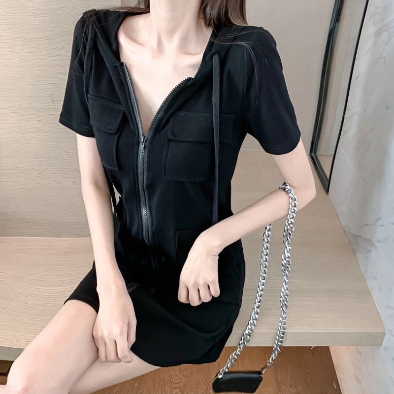 Платье женское приталенное с коротким рукавом винтажный кардиган капюшоном