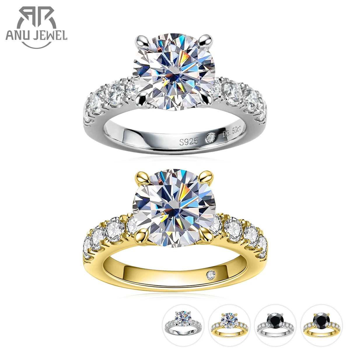 

AnuJewel 4.3cttw D Color Moissanite Engagement Rings 925 Sterling Silver 18k Gold Plated Lab Created Diamond Wedding Band Rings