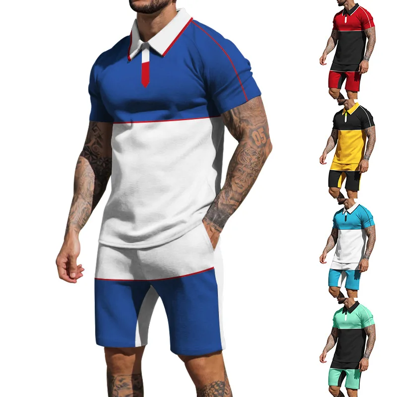 

2023short-sleeved Shorts Suit Men's Summer European And American Color Matching Leisure Sports Two-piece Suit