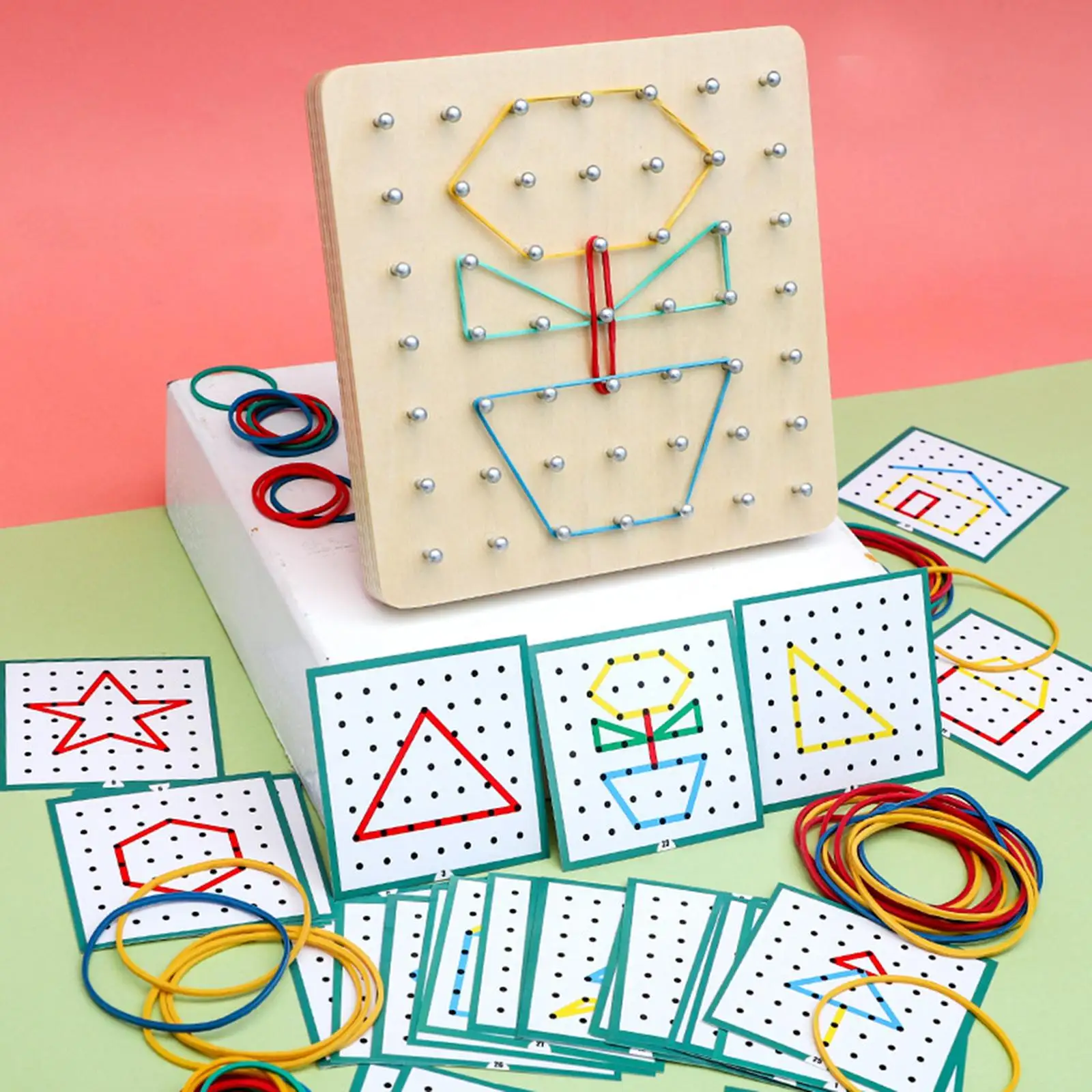 

Wooden Montessori Nail with 24 Pattern Cards Kids Development Toy