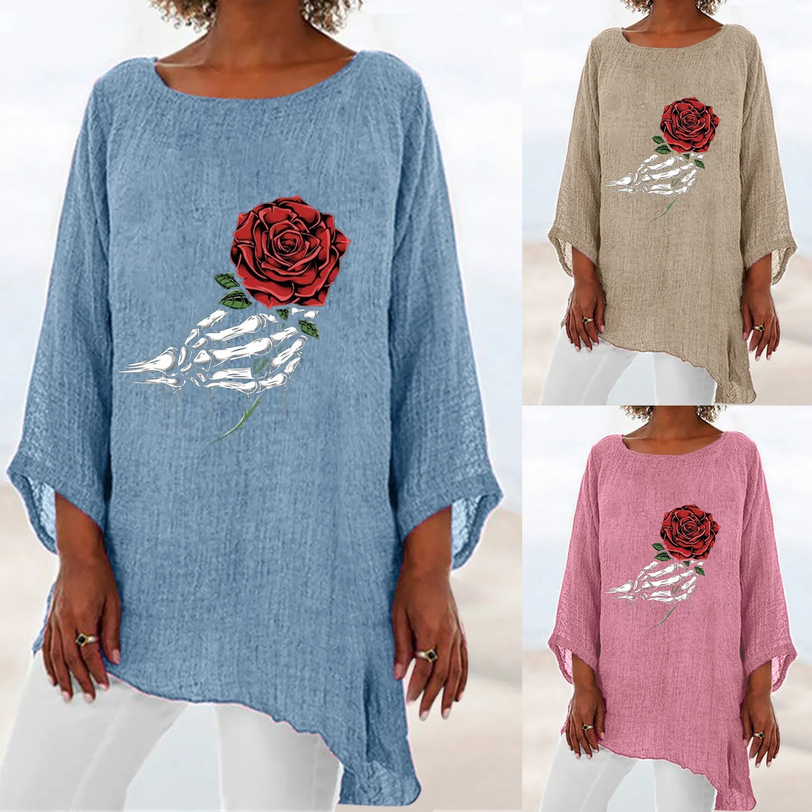 

Womens 3 Of 4 Sleeve Crew Neck Irregular Hem Top T Shirt Casual Linen Blend Shirts Tee Blouse Sports T Shirt for Women