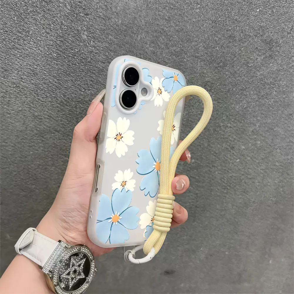 Фото Светло-голубой чехол для телефона с цветочным принтом для Samsung Galaxy S26 S25 S24 S23 S22 S21 Ultra Plus A55 A35 A34 с ремешком на запястье и шнурком №1