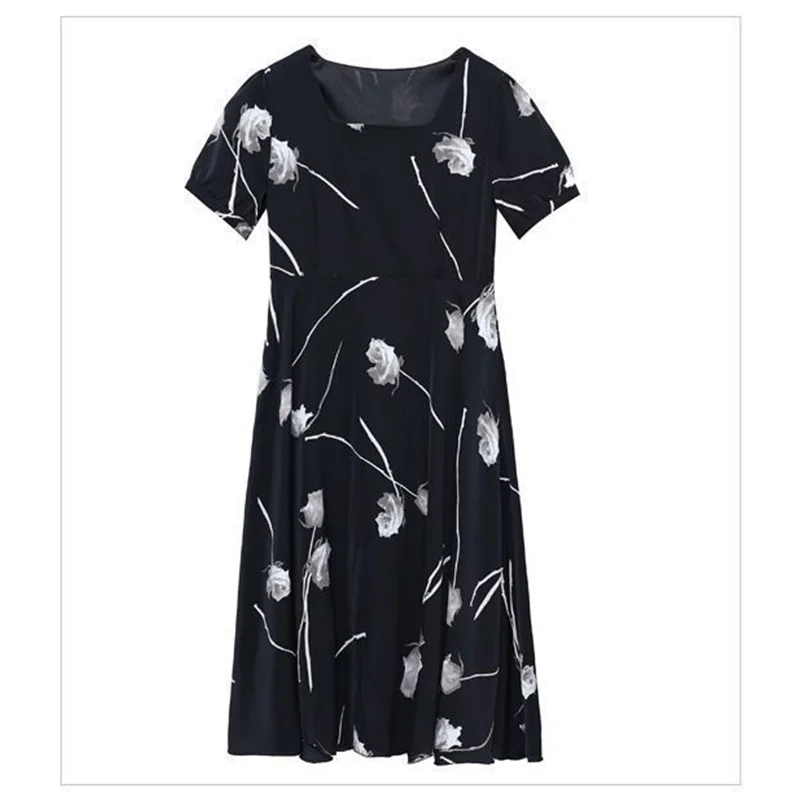 Plus Size Women's Summer New Short Sleeve A-line Dresses Prairie Chic Floral Printing Round Neck Black Loose Ankle-Length Dress