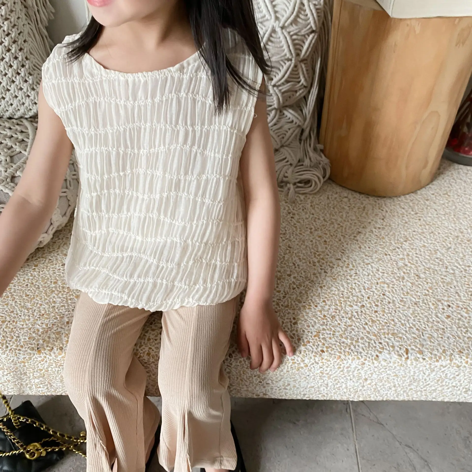 

MILA CHOU 2022 Summer Girls Lace O-neck Sleeveless Apricot Blouse Pullover Vest Children Casual Pleated Tank Top Kids Clothes