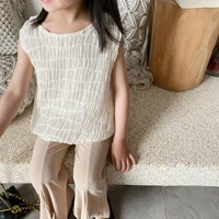 mila chou 2022 summer girls lace o neck sleeveless apricot blouse pullover vest children casual pleated tank top kids clothes