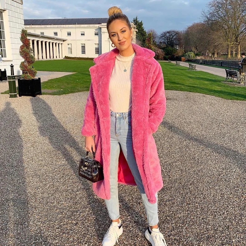 Pink Teddy Bear Long Coats Women 2021 Winter Thick Warm Oversized Chunky Outerwear Faux Lambswool Fur Coats Solid High Street