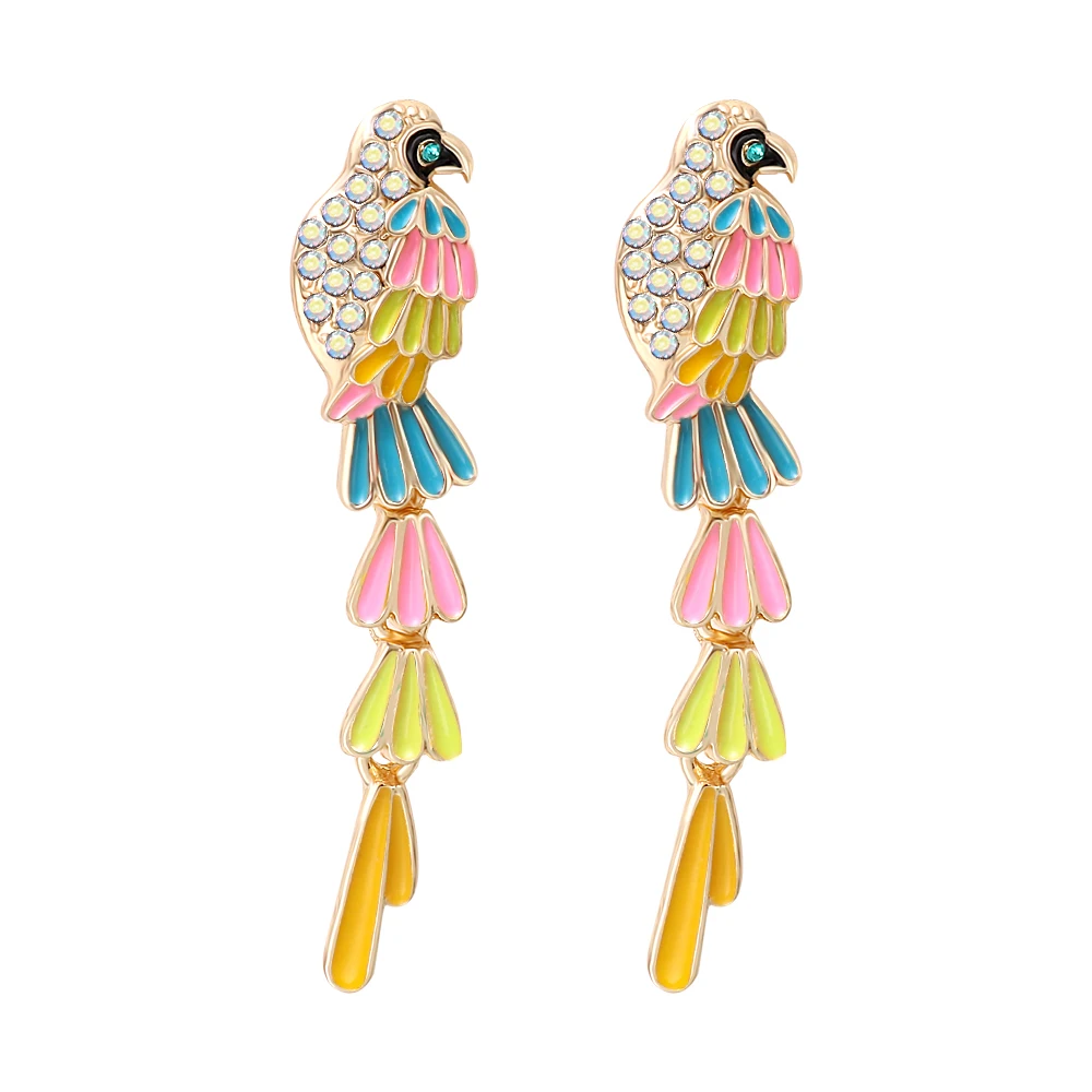 

FASHIONSNOOPS Cute Animal Charm Colorful Rhinestones Long Earrings for Women Europe Style Statement Bird Shape Drop Earrings