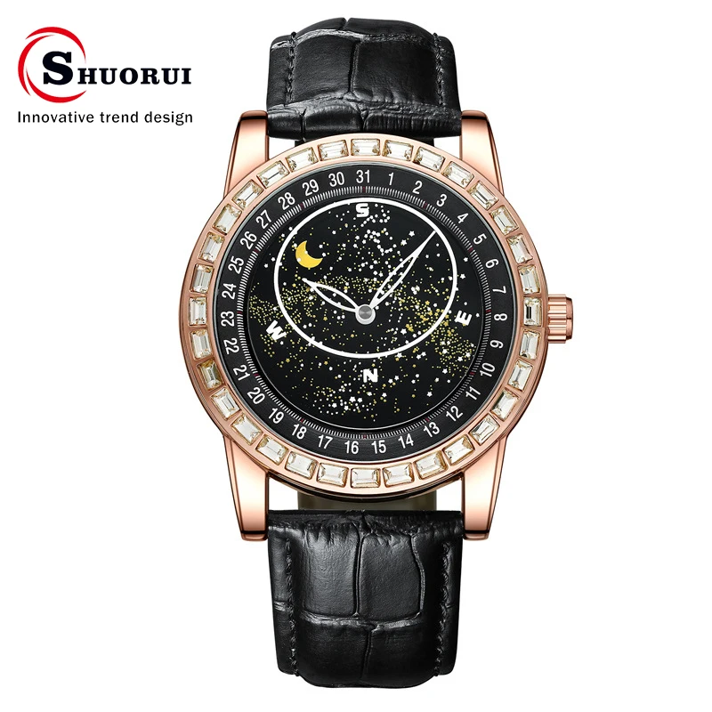 SHUORUI fully automatic mechanical watch rotating galaxy dial high-grade diamond-encrusted waterproof men's watch leather strap