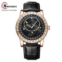 shuorui fully automatic mechanical watch rotating galaxy dial high grade diamond encrusted waterproof mens watch leather strap