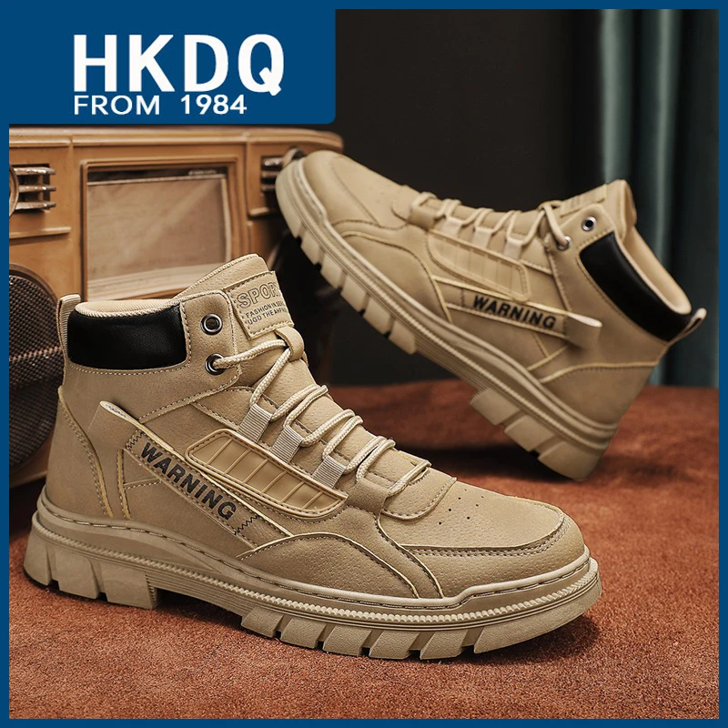 

HKDQ New Fashion Khaki Men's Leather Boots Outdoor Non-slip Sports Ankle Boots Man Comfortable Lace-up Casual Moccasin Boots Men